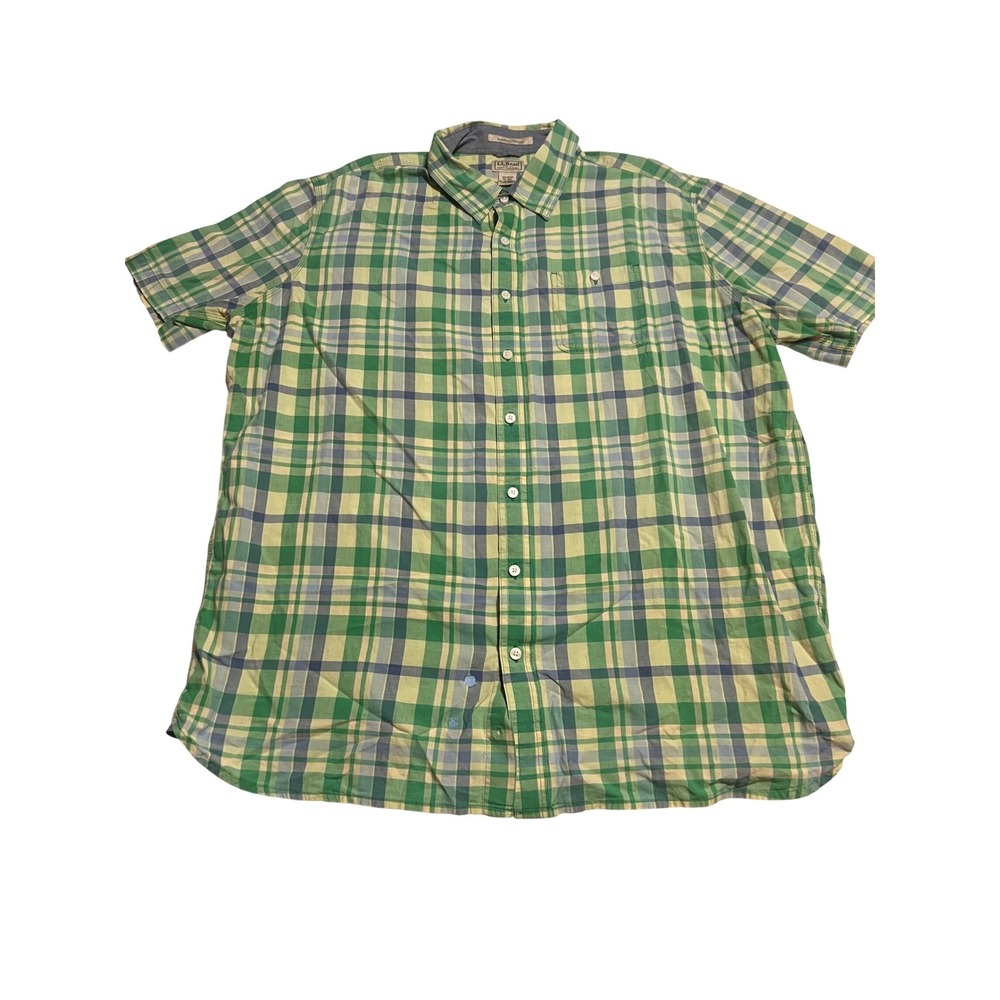 Vintage L.L. Bean XXL-Tall Button Down Mens Green Plaid Good Short Sleeve 288684